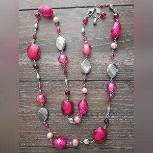 White House Black Market pink chunky beads silver tone long necklace